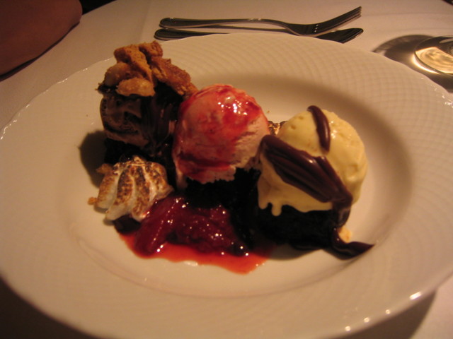 Brownie with Vanilla Malt, Strawberry, and Chocolate Ice Cream, with Fudge, Strawberry Sauce, Marshmallow, Graham Crumbles and Peanuts