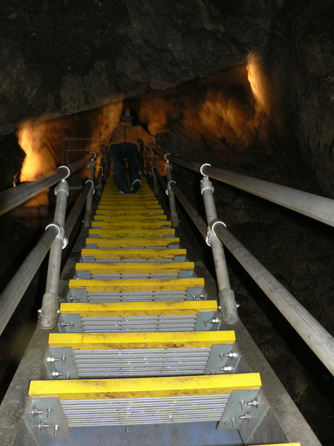 back down the steep steps