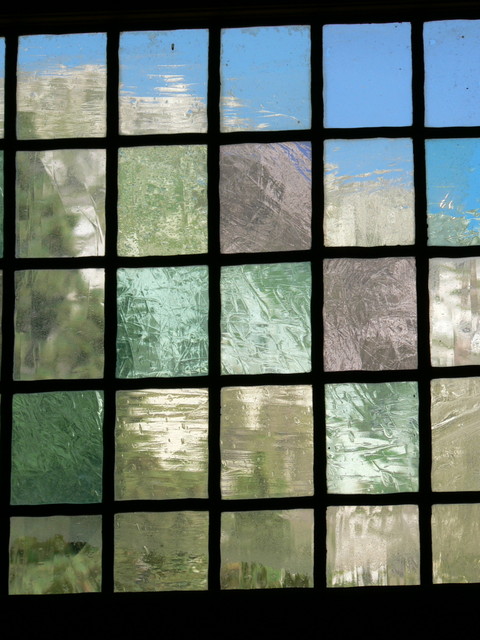 mountain through stained glass