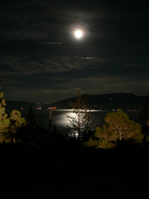 moonlit lake with headlights going by