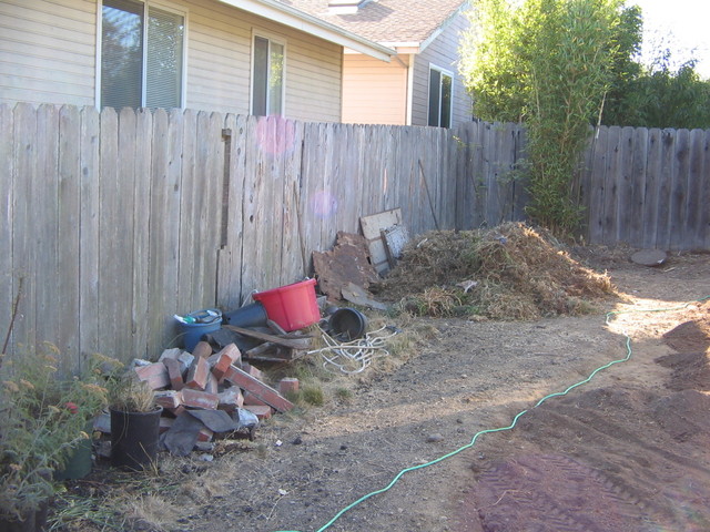 On the left front side looking towards the back you can see the pile of grassy matter, bricks from the front, and miscellaneous junk. Also you see more dirt showing the outline of part of the landscaping.