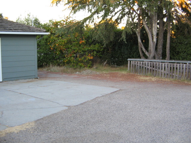 From the left side of the house as seen from the street (near the car) looking towards the persimmon tree