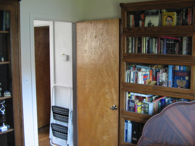 The book cases by the door.